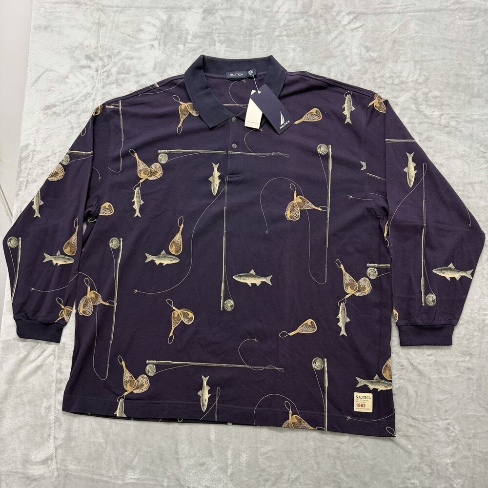 NWT Nautica Dept of Fisheries Long Sleeve Polo Shirt Mens 4X Big Navy Blue Fish